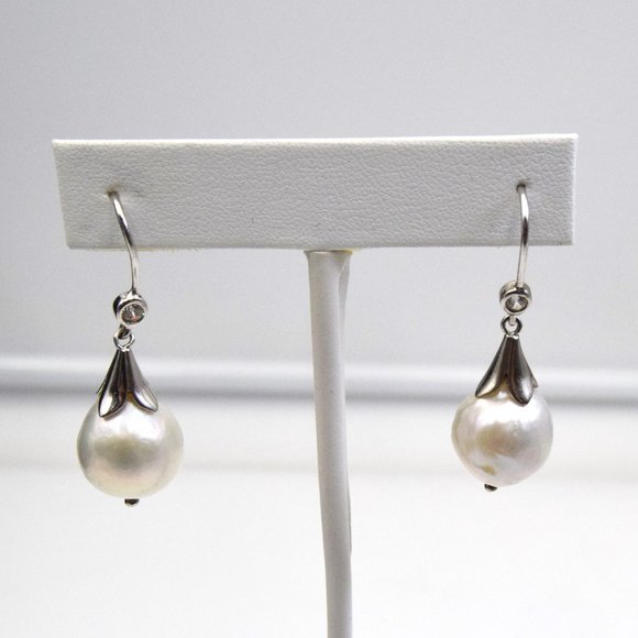 Lucas Lameth Grand Pearl & Sterling Silver Dangle Earrings Authentic Pearls